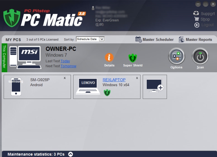PC Matic Haupt-Dashboard.